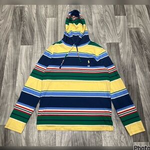 SZ MEDIUM POLO RALPH LAUREN MULTICOLORED STRIPED COTTON LONG SLEEVE HOODED SHIRT